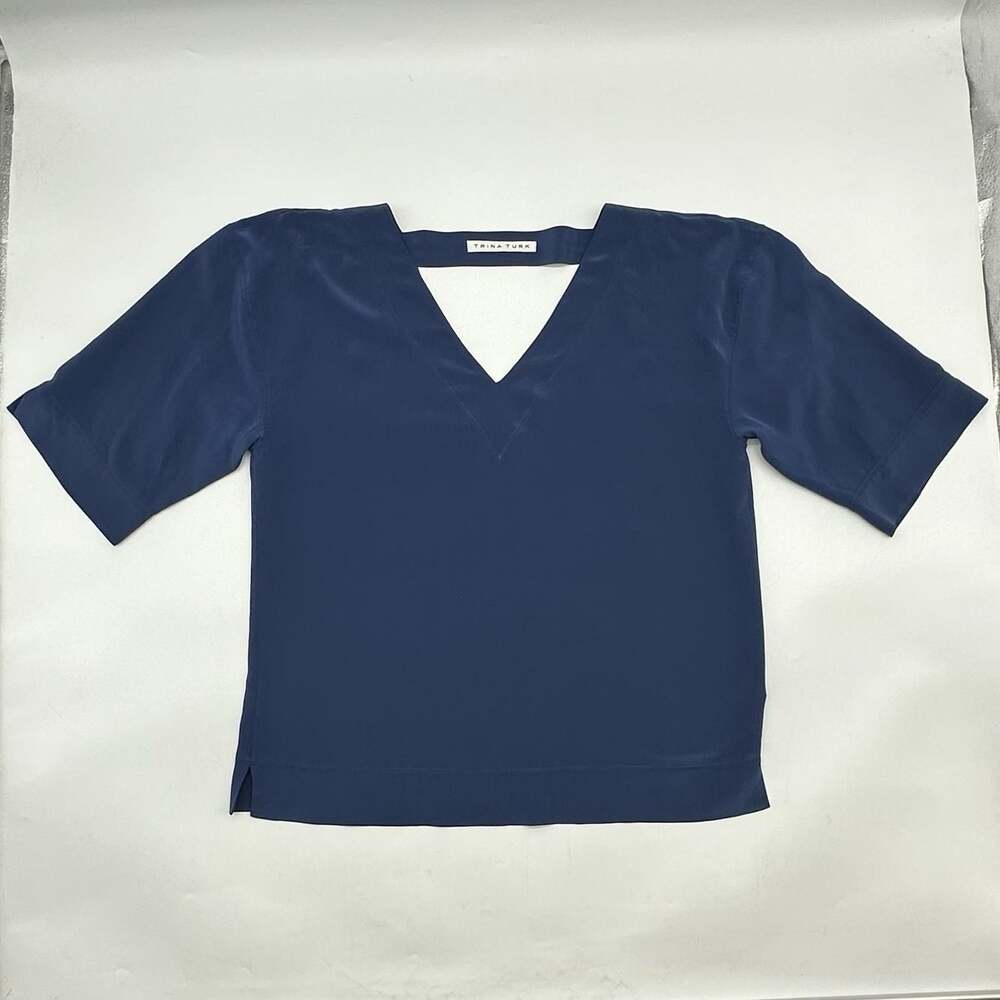 Trina Turk Size Large? Blue 100% Silk Deep V-Neck Half Sleeve Flowy Blouse Top